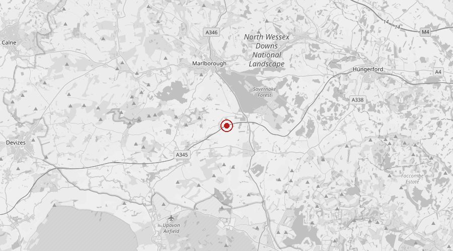 Map of the Marlborough and Savernake Forest area in Wiltshire, with a marker on the house's approximate location south of Marlborough.