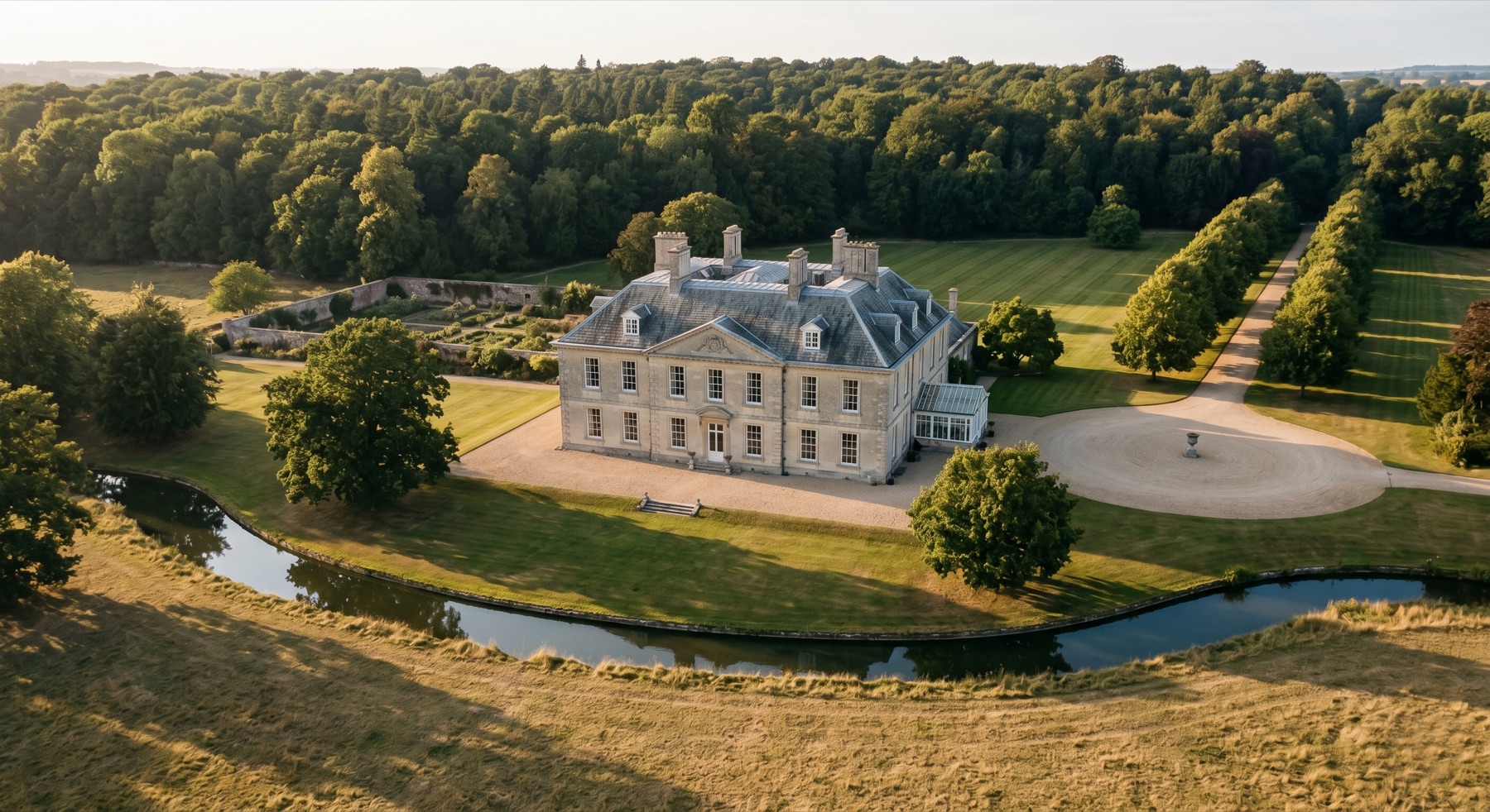 Aerial view of the manor with the Kennet curving below and the lime avenue running off to the east.
