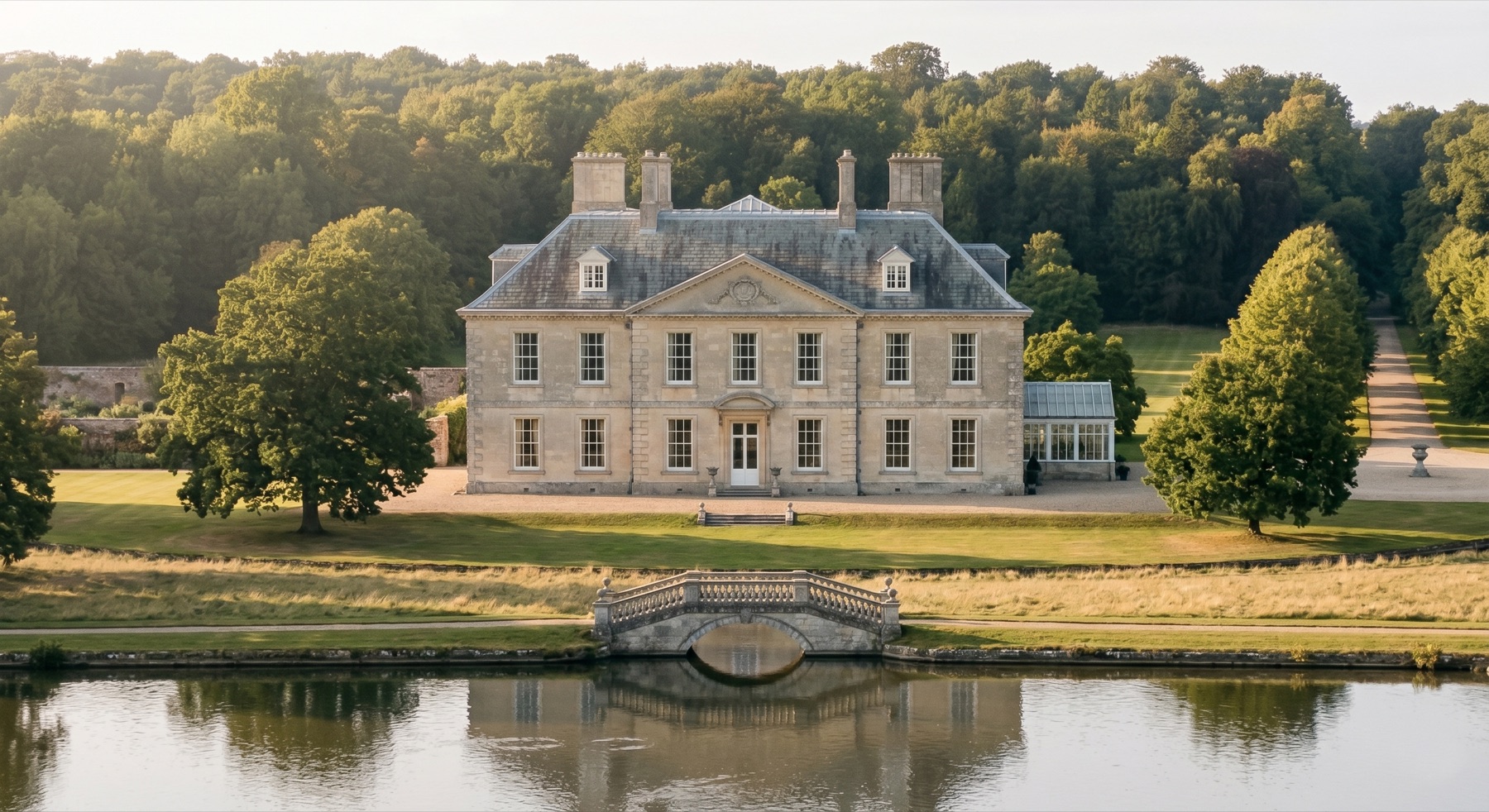 South facade of the manor seen from the far bank of the Kennet, with a stone ornamental bridge in the foreground.