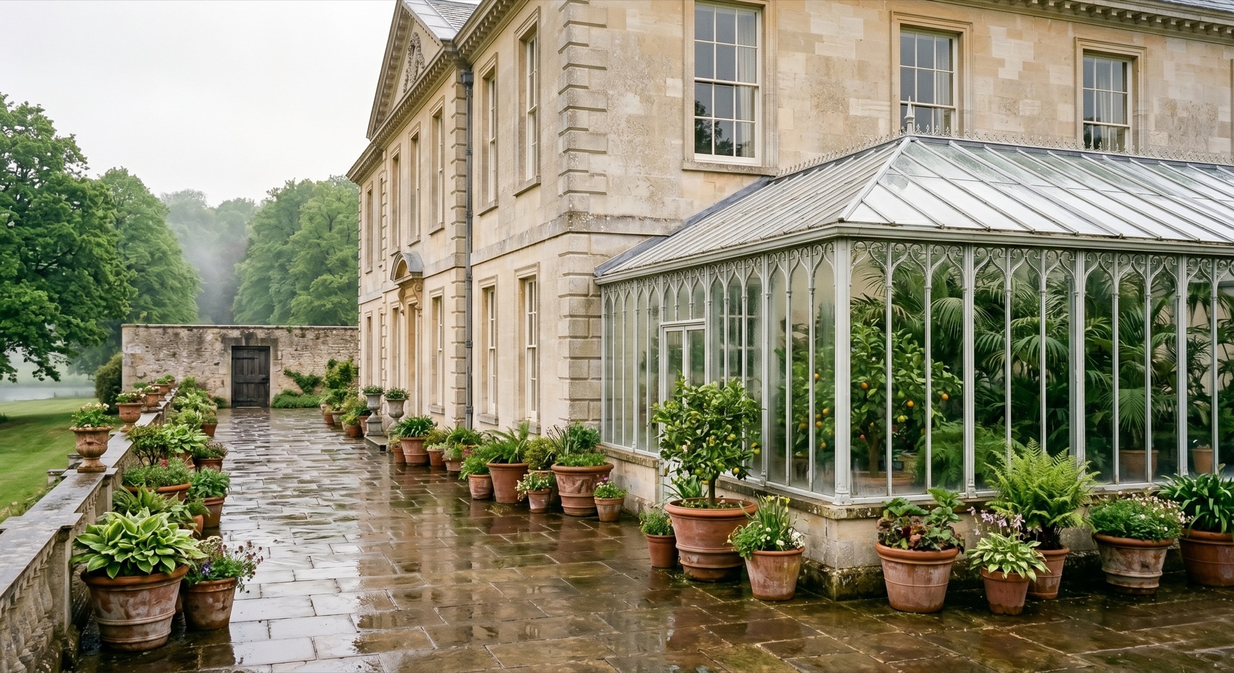 Victorian glass conservatory attached to the east elevation, with pot plants on a wet flagstone terrace in light rain.