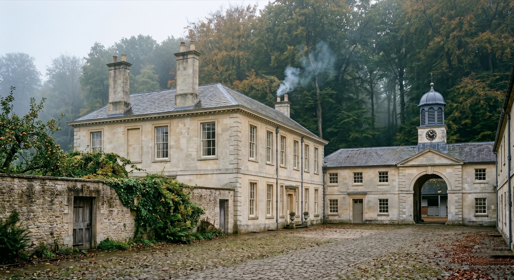 Cobbled stable yard with clock tower seen through autumn mist, smoke from a single chimney.