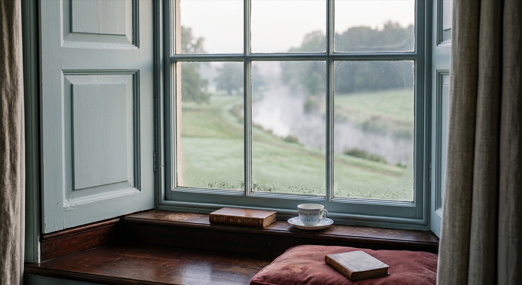 Interior point of view from a deep window seat with sash and shutters, looking out across mist on the river meadow at dawn.