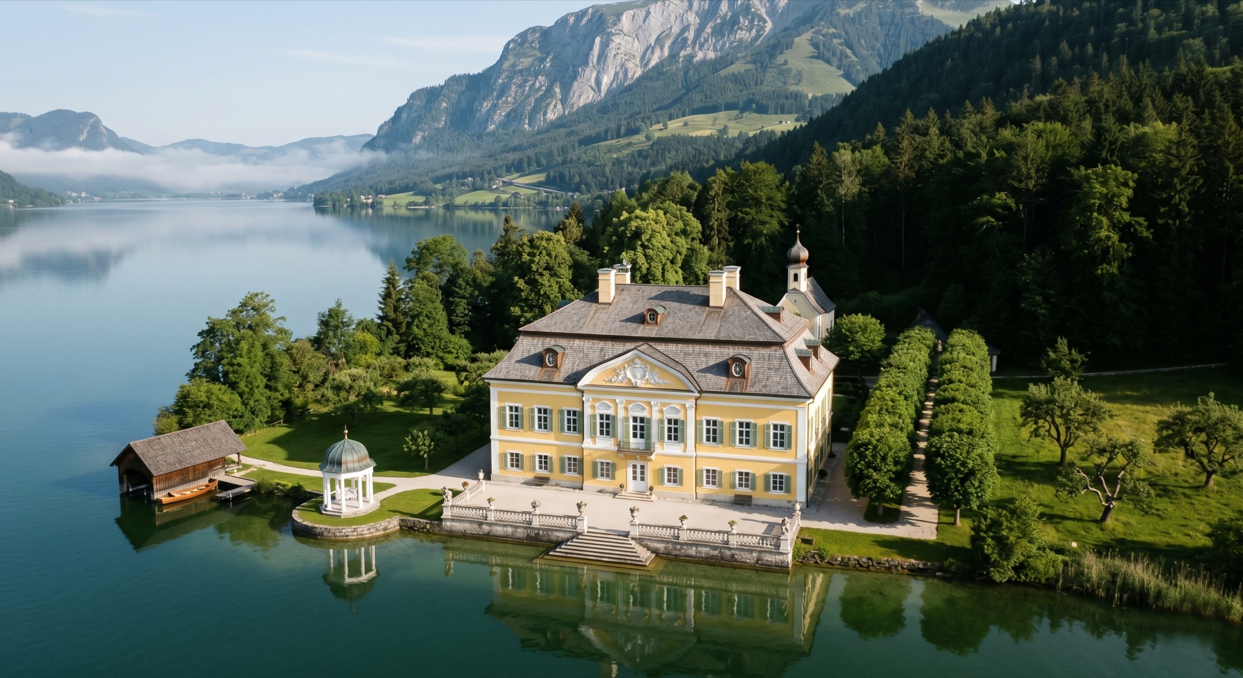 Aerial of the yellow schloss on the north shore of the Wolfgangsee, terrace and gazebo over the water, mountains beyond.