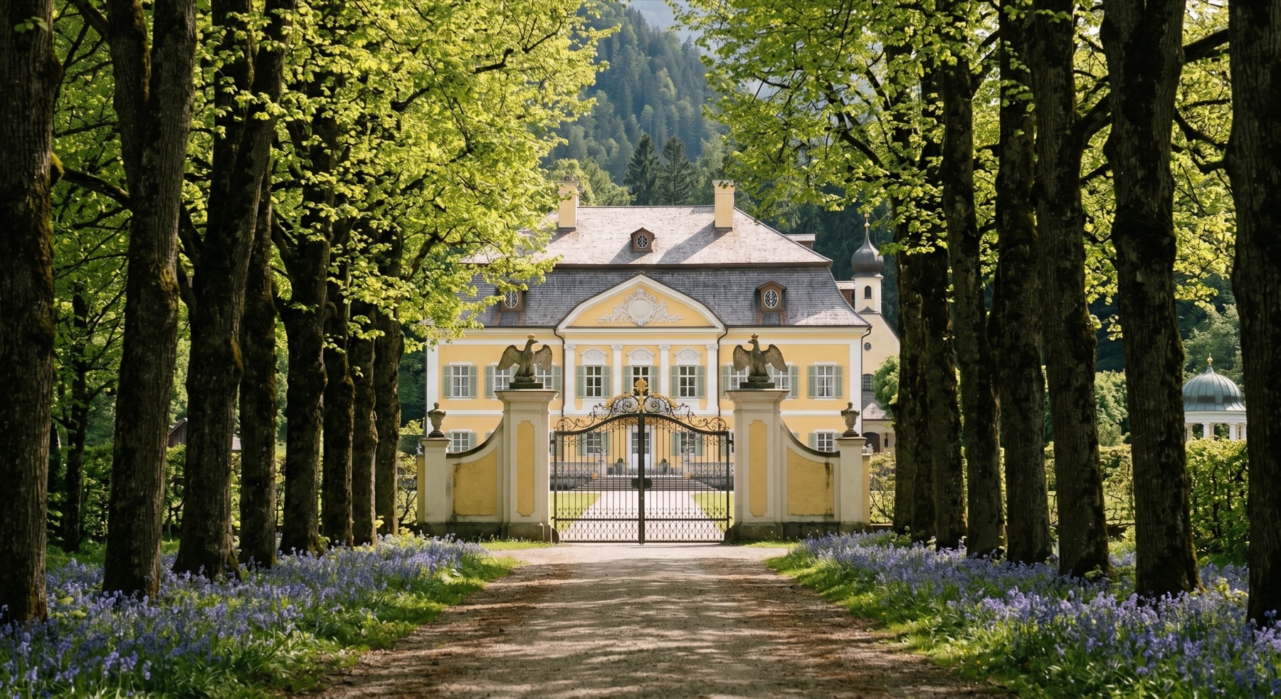 View down the linden allée toward the wrought-iron gates of the schloss in spring, bluebells in the grass.