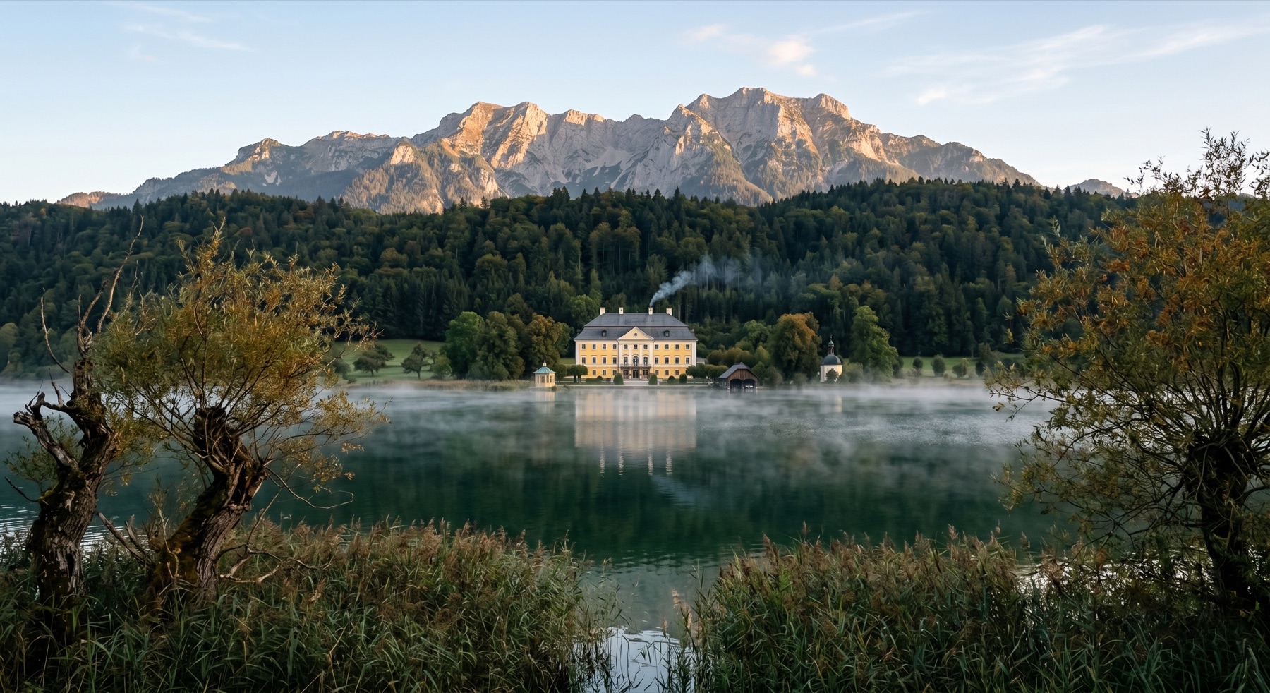 The schloss seen at dawn from the far side of the Wolfgangsee, mist on the water, mountains catching first light.