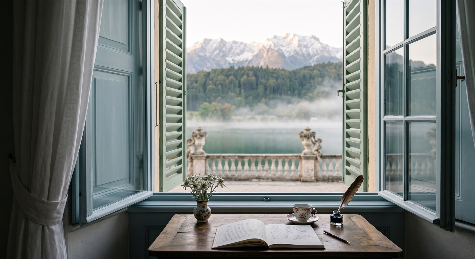 Interior point of view from a desk by an open shuttered window, an open book and inkwell on the desk, balustrade with putti urns beyond, mountains across the lake.